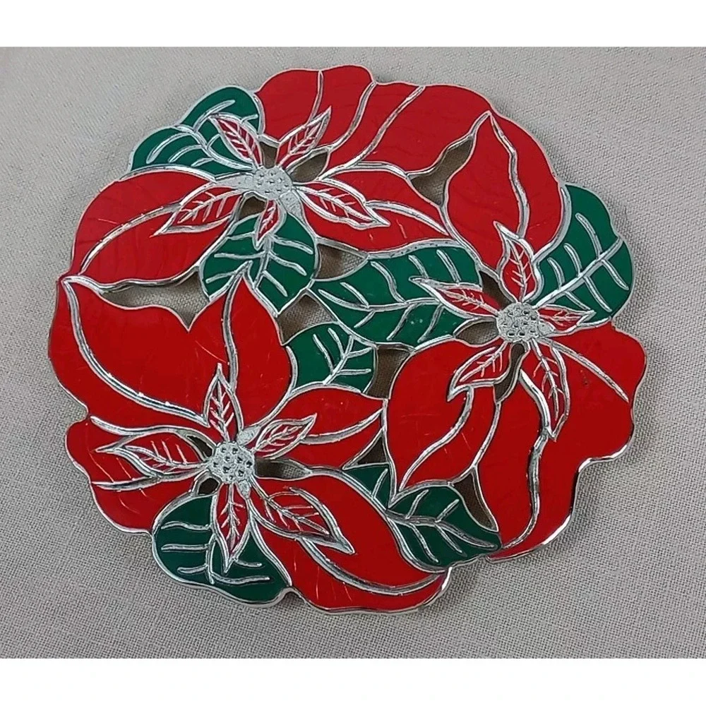 Vintage Wm A Rogers Poinsettia Trivet Silverplate & Enamel 1986 Christmas Trivet